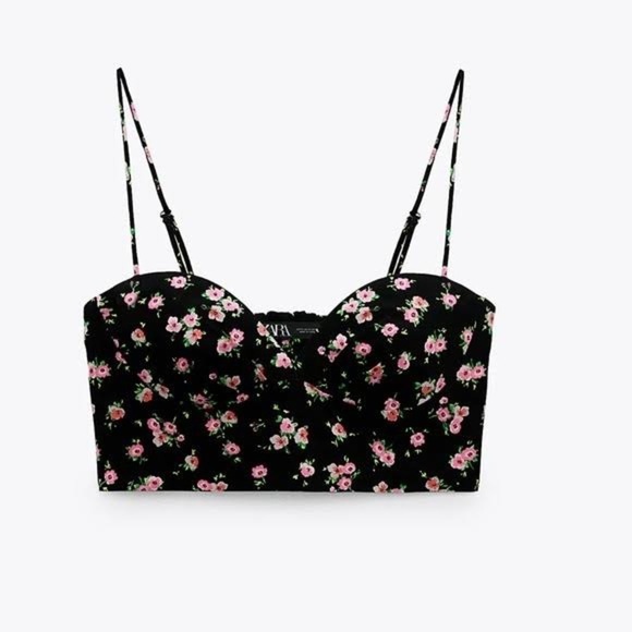 Zara Black Microflower Floral Strappy Crop Corset top size S - Picture 2 of 16